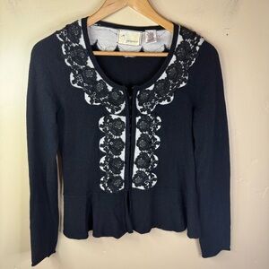 Anthropologie Guinevere Black and Cream Beaded Cardigan Size Small Black‎ Wool